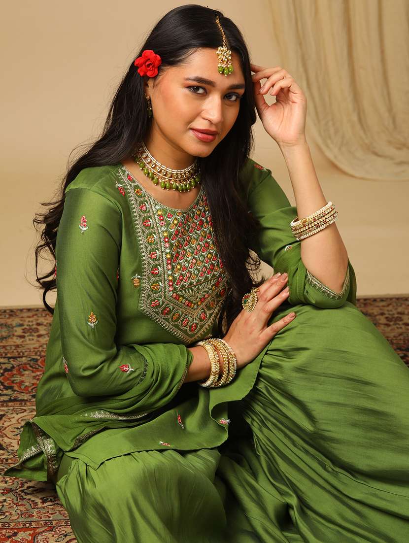 women's green floral embroidered yoke straight kurta gharara & gold lace detail dupatta festive set - 21504054 -  Standard Image - 2