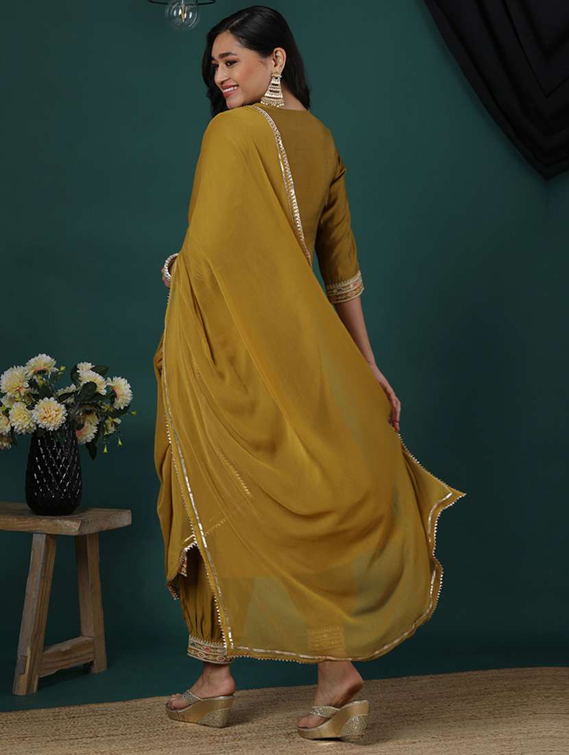women's mustard sequinned & floral embroidered v-neck straight kurta afghani pants & dupatta festive set - 21504056 -  Standard Image - 2