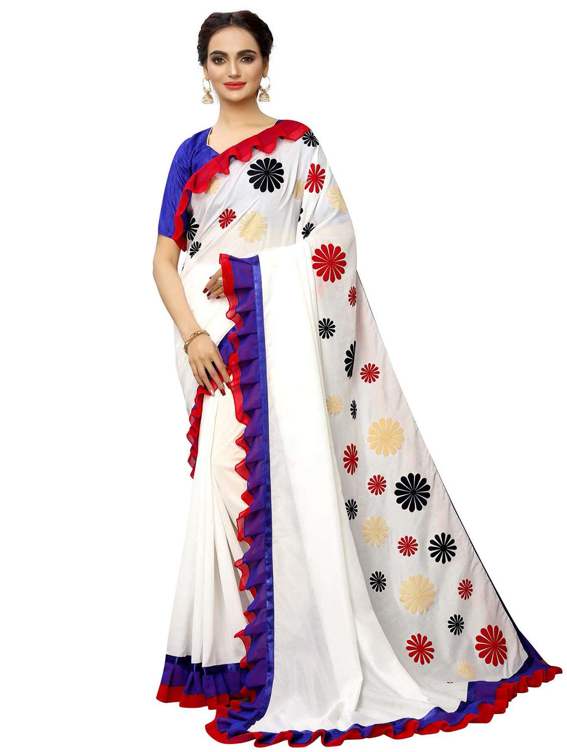 women printed ruffle saree with blouse - 21504643 - Zoom Image - 0