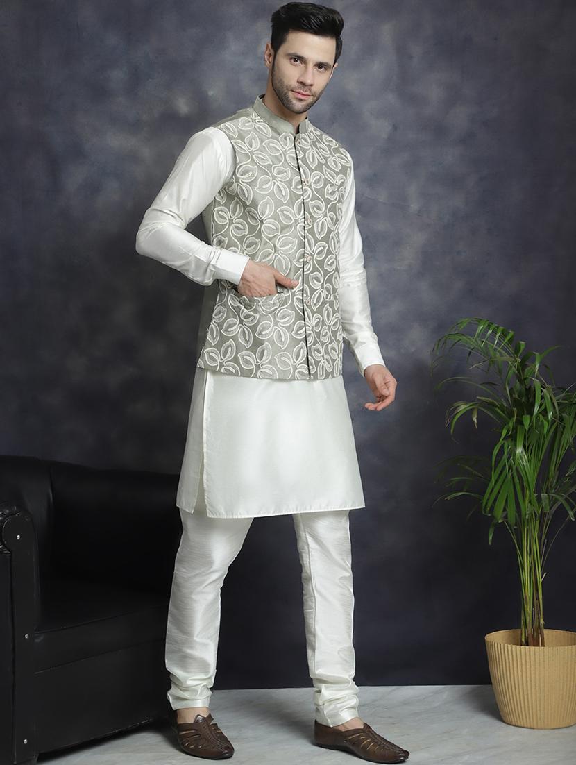 men embroidered kurta churidar with jacket ethnic wear set - 21505297 - Standard Image - 2