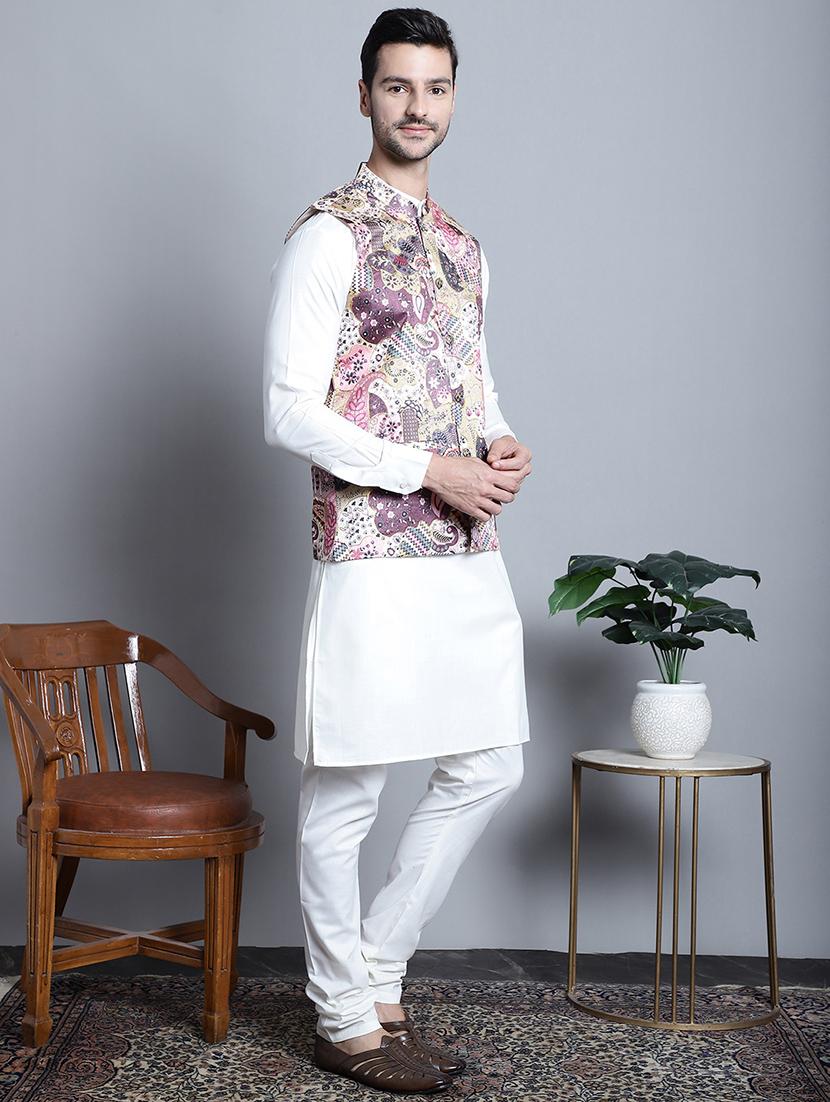 men printed kurta churidar with jacket ethnic wear set - 21505299 - Standard Image - 2