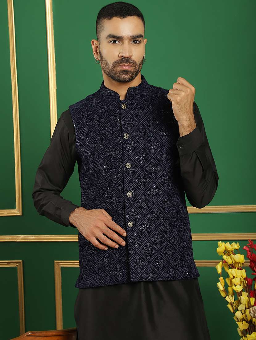 men embroidered kurta pyjama with jacket ethnic wear set