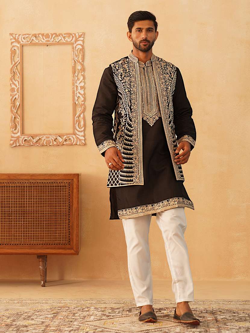 men embroidered kurta pyjama with jacket ethnic wear set - 21505347 -  Standard Image - 2