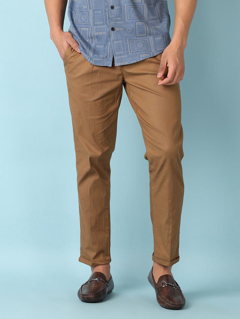 men brown solid flat front formal trouser - 21505516 -  Zoom Image - 0