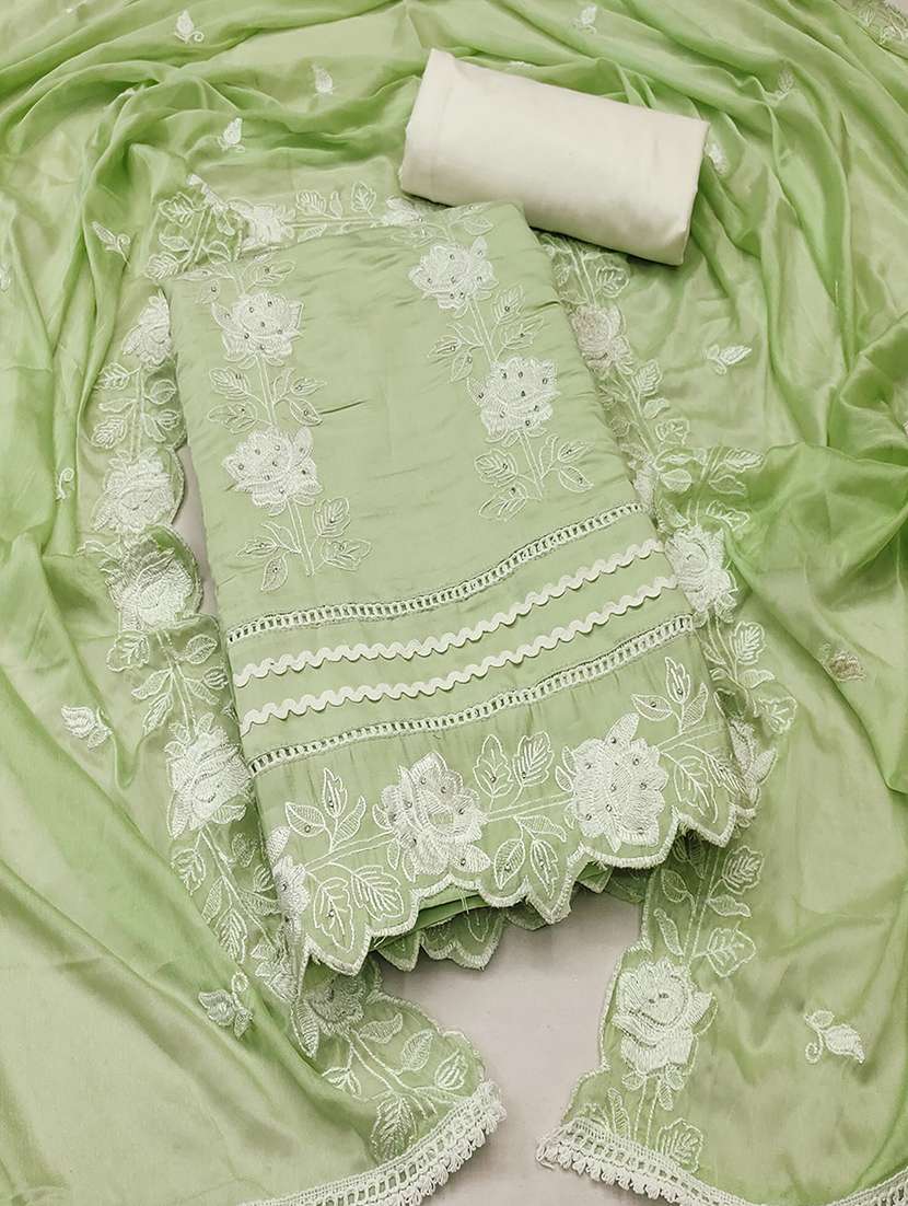 green silk blend unstitched suit