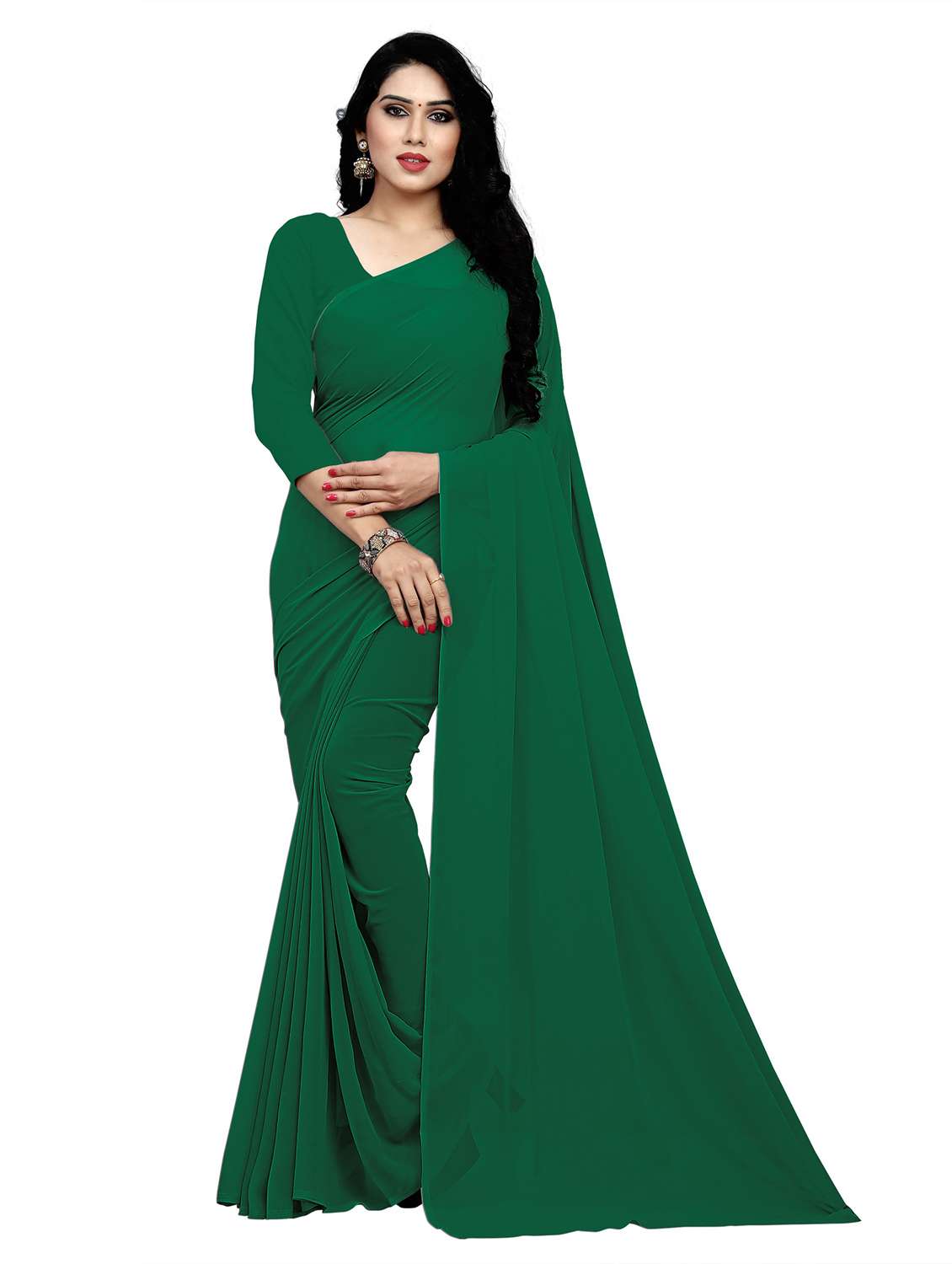 women green solid saree with blouse