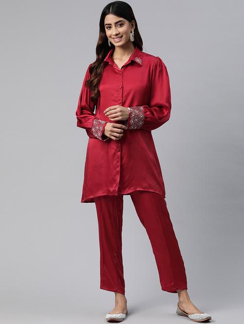 women solid maroon pure silk shirt and trouser co-ord set - 21506841 - Standard Image - 0