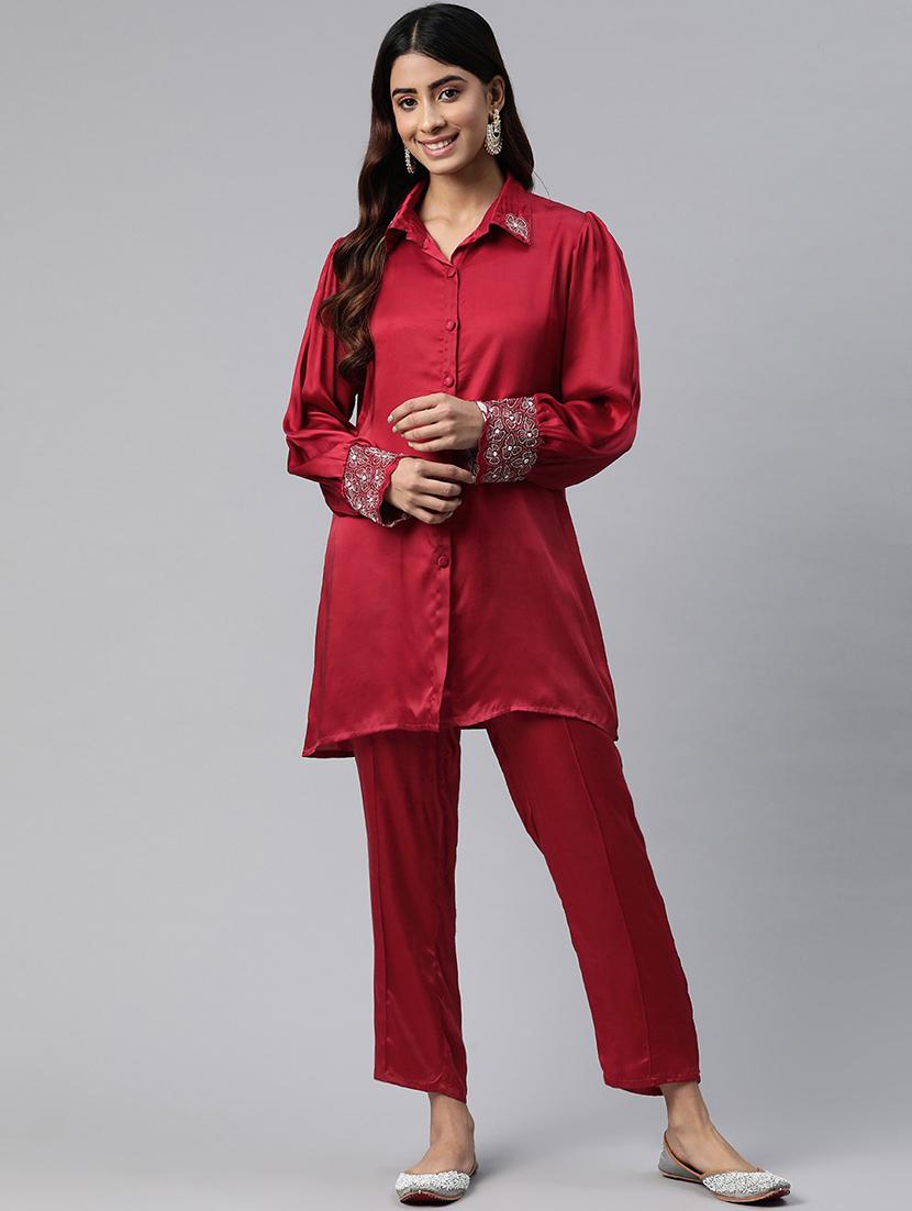 women solid maroon pure silk shirt and trouser co-ord set - 21506841 - Zoom Image - 0