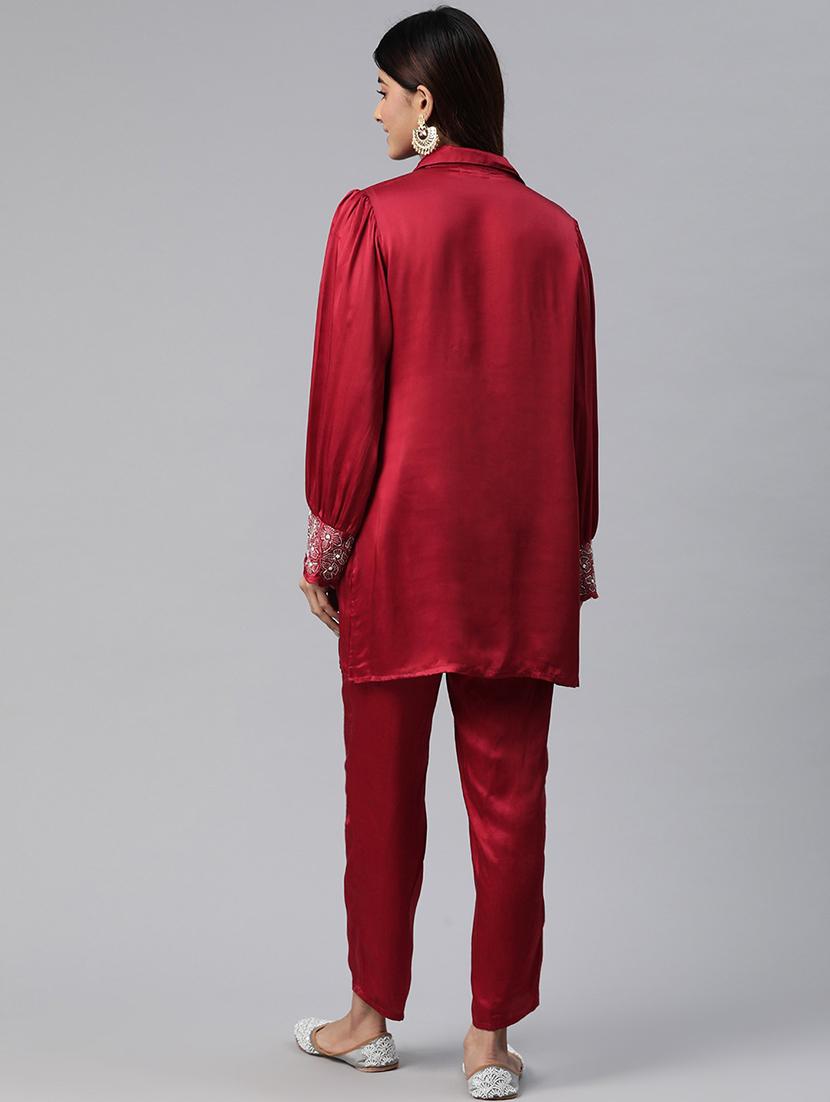 women solid maroon pure silk shirt and trouser co-ord set - 21506841 - Standard Image - 2