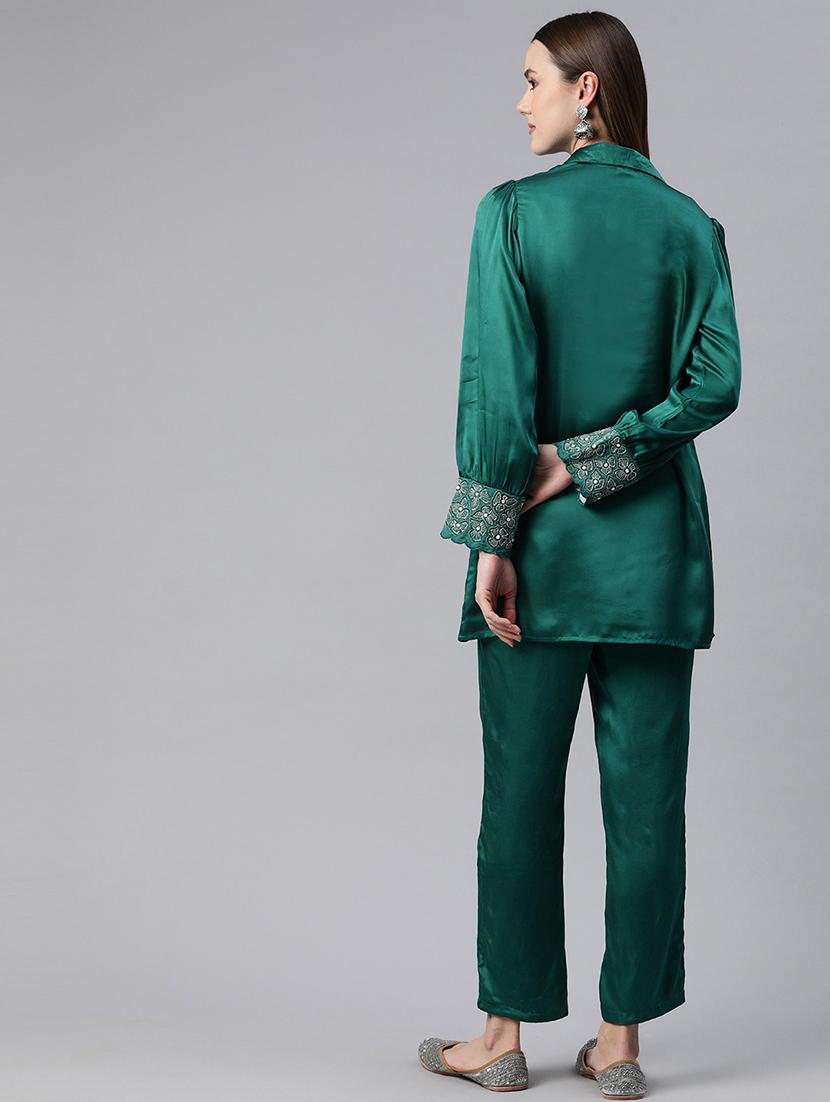 women solid teal pure silk shirt and trouser co-ord set - 21506842 - Standard Image - 2