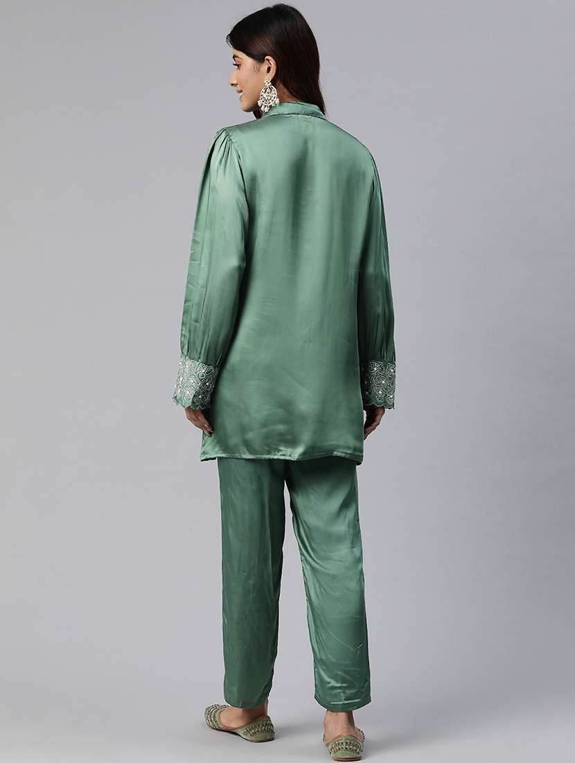 women solid green pure silk shirt and trouser co-ord set - 21506843 -  Standard Image - 2