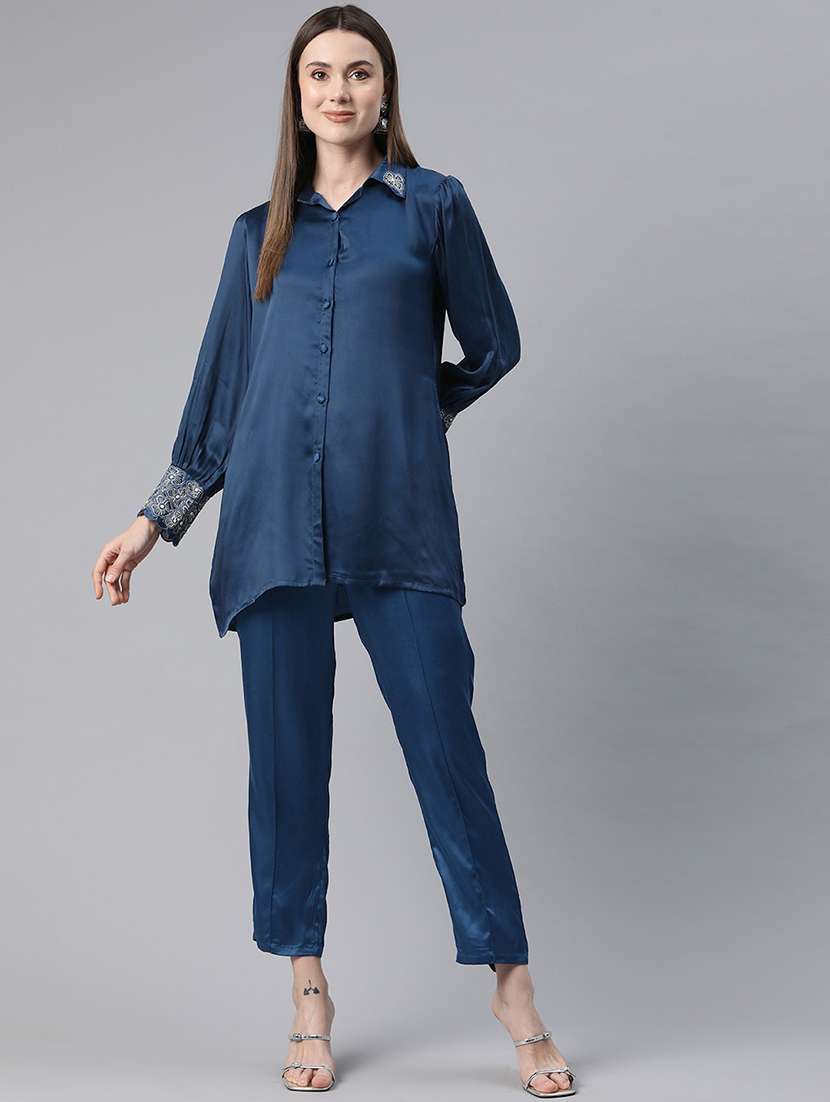 women solid blue pure silk shirt and trouser co-ord set