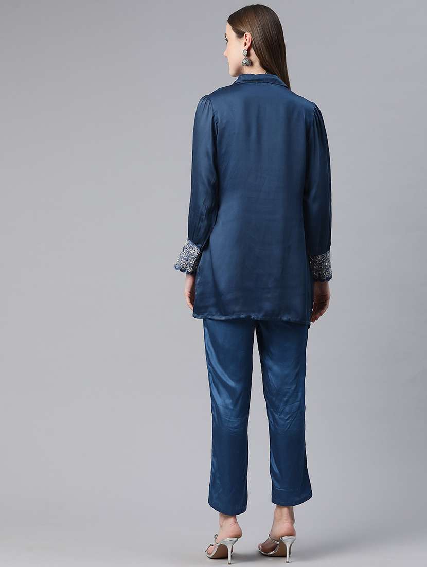 women solid blue pure silk shirt and trouser co-ord set - 21506844 -  Standard Image - 2