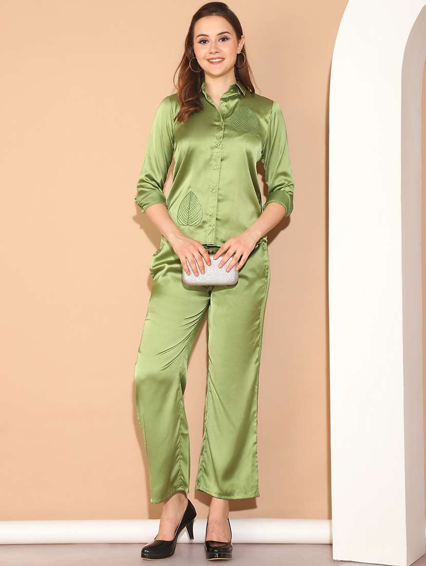 women green self design shirt and trouser co-ord set