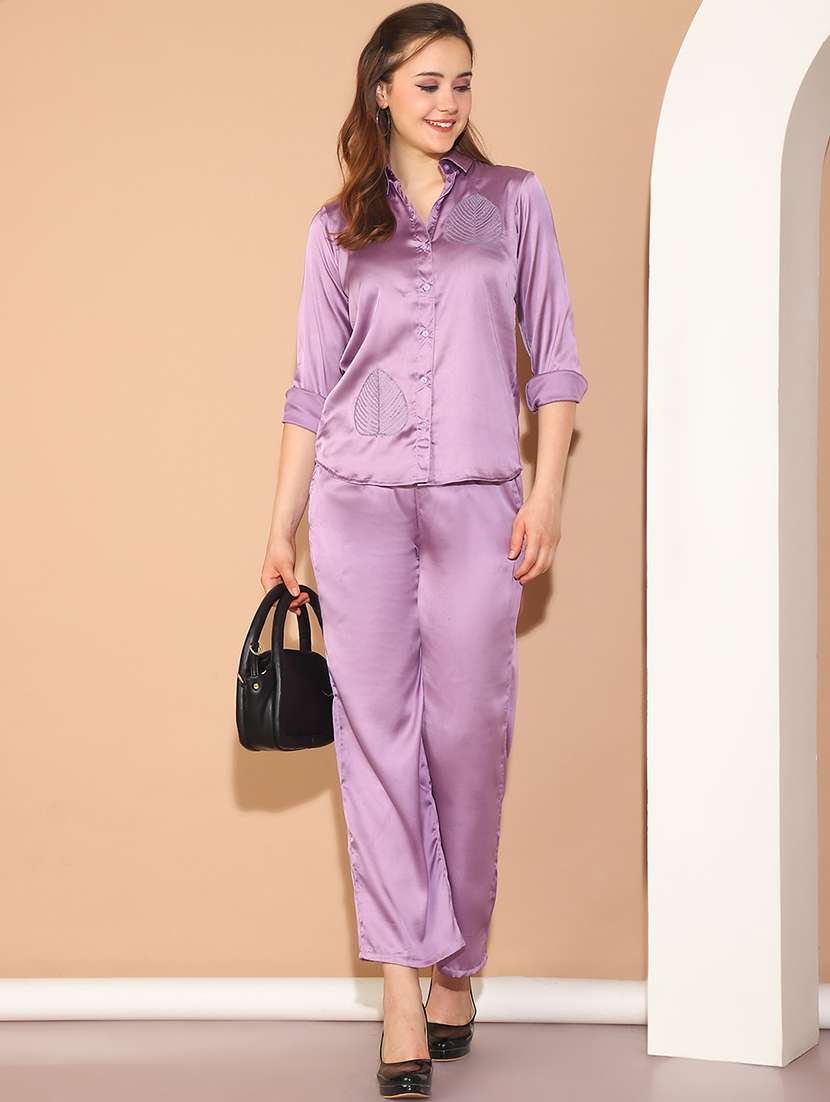 women purple self design shirt and trouser co-ord set