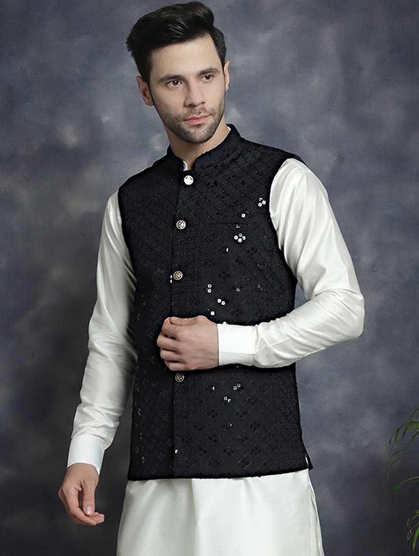 men mandarin neck sequined nehru jacket - 21506942 -  Standard Image - 2