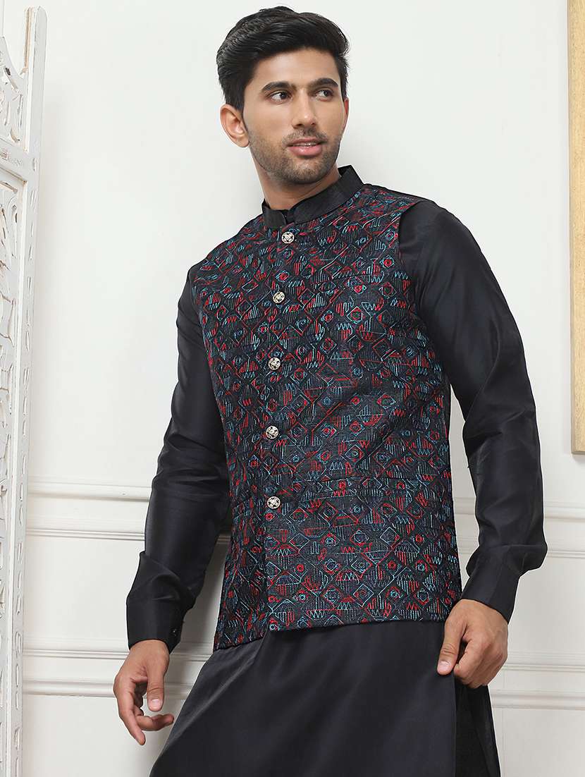 men mandarin neck embroidered nehru jacket