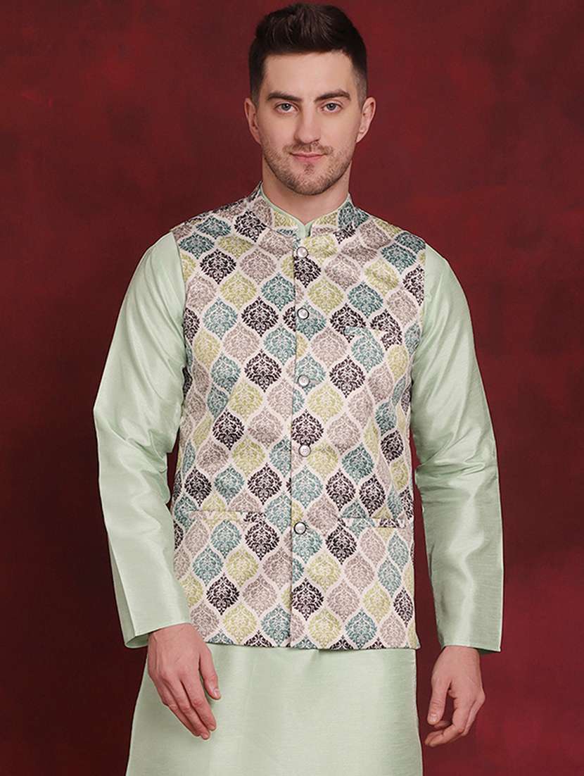 men mandarin neck printed nehru jacket