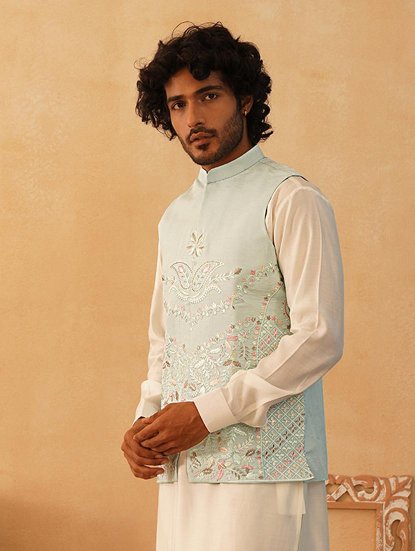 blue silk blend nehru jacket - 21507029 - Standard Image - 2