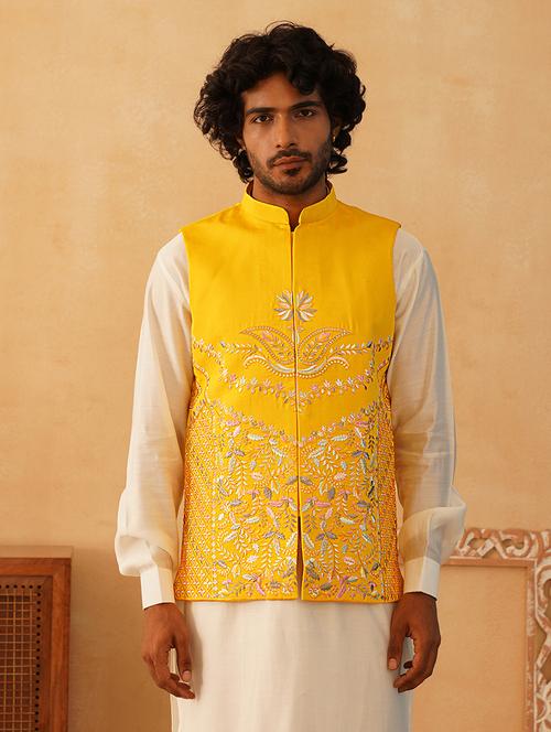 yellow silk blend nehru jacket - 21507030 -  Standard Image - 0
