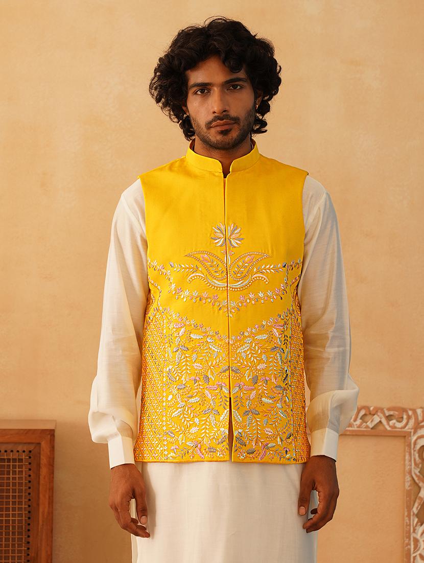 yellow silk blend nehru jacket - 21507030 -  Zoom Image - 0