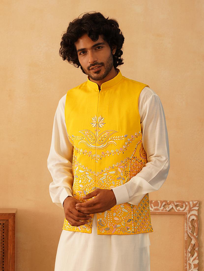 yellow silk blend nehru jacket - 21507030 - Standard Image - 2