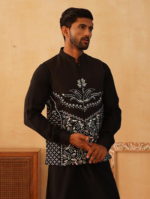 black silk blend nehru jacket - 21507031 - Standard Image - 0