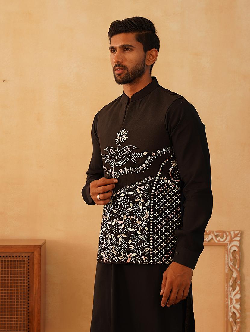 black silk blend nehru jacket - 21507031 - Standard Image - 2
