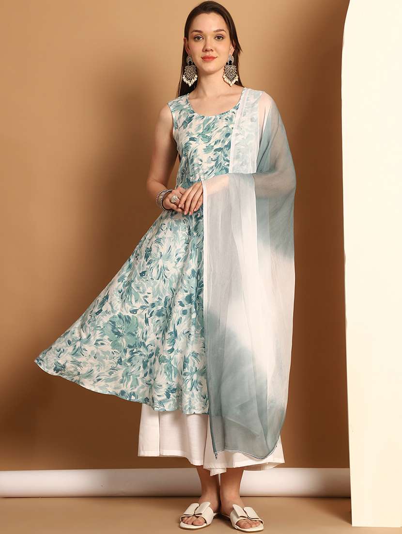 women printed sleeveless kurta palazzo with dupatta set