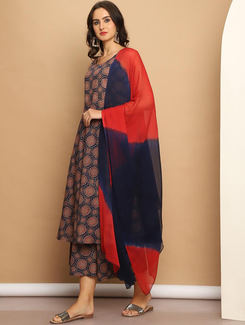 women navy blue sleeveless kurta palazzo with dupatta set - 21507054 - Standard Image - 2