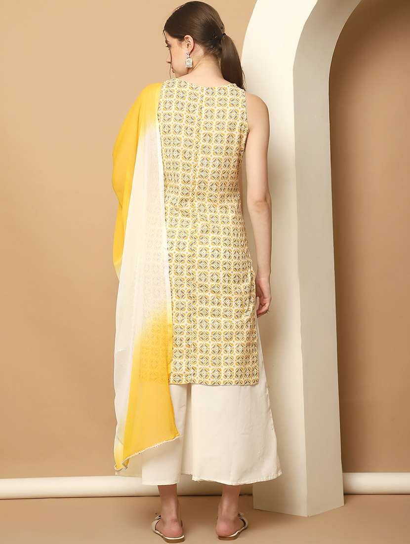 women yellow sleeveless kurta palazzo with dupatta set - 21507060 -  Standard Image - 2
