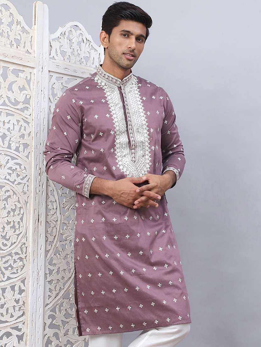 men mandarin neck embroidered long kurta