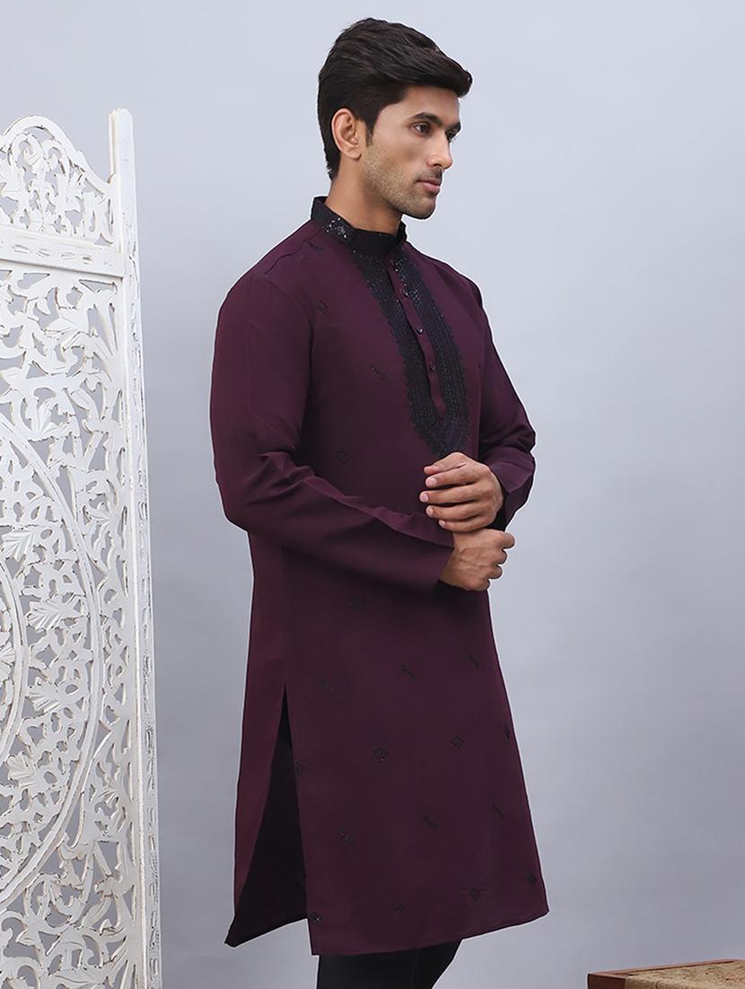 men mandarin neck sequined long kurta - 21507188 - Standard Image - 2