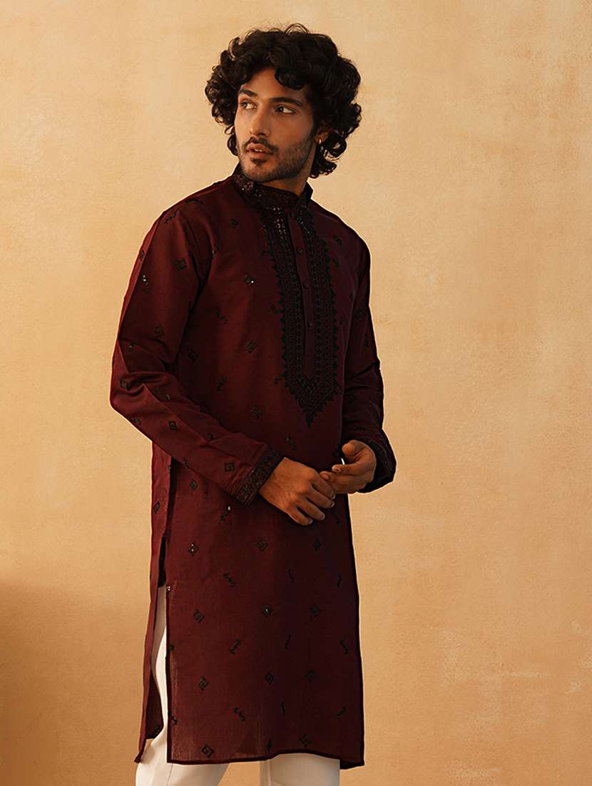men mandarin neck sequined long kurta - 21507191 -  Zoom Image - 0