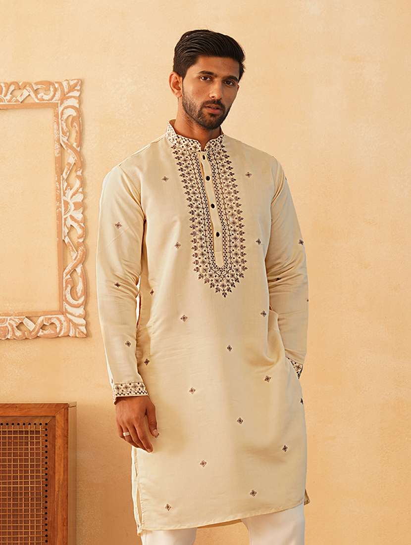 men mandarin neck embroidered long kurta
