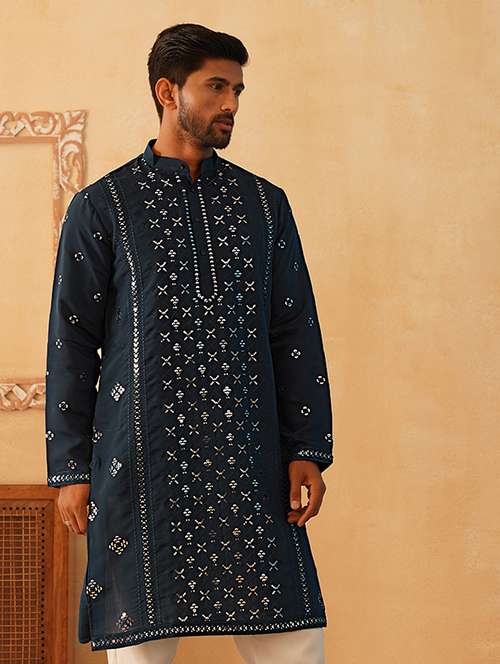 men mandarin neck sequined long kurta - 21507202 -  Standard Image - 0