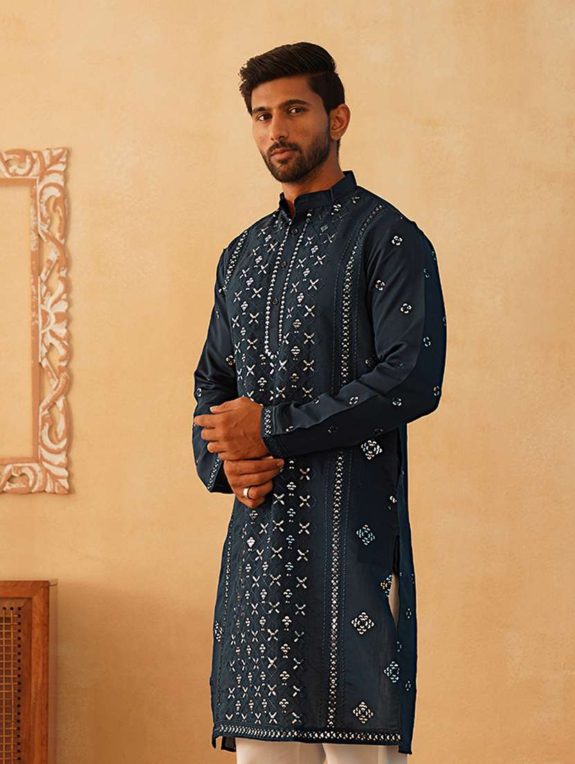 men mandarin neck sequined long kurta - 21507202 - Standard Image - 2