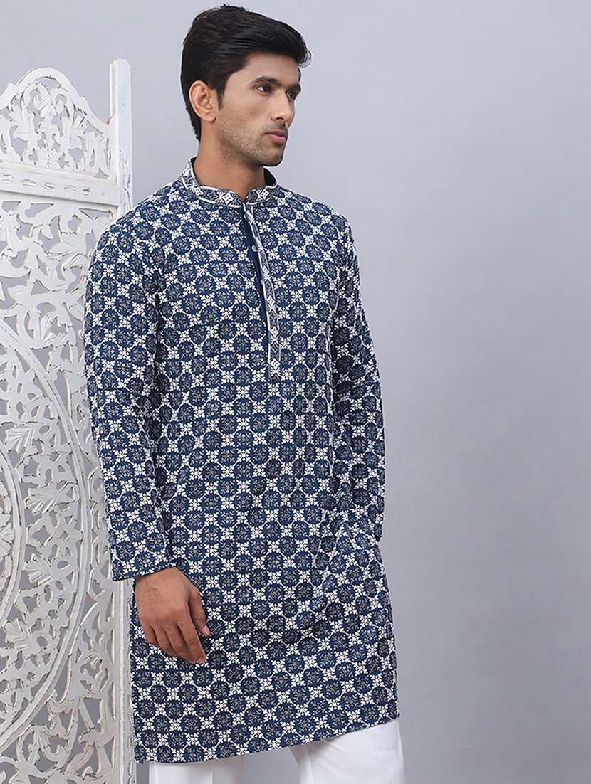 men solid with work mandarin neck long kurta