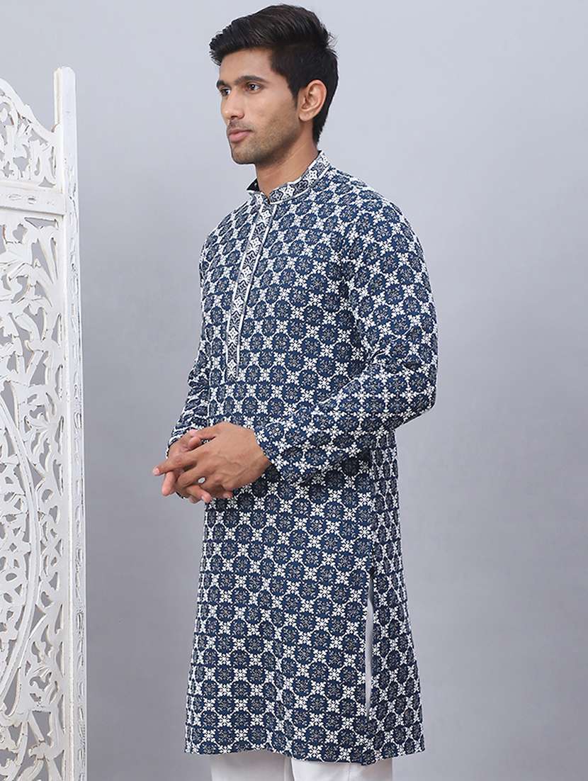 men solid with work mandarin neck long kurta - 21507219 -  Standard Image - 2