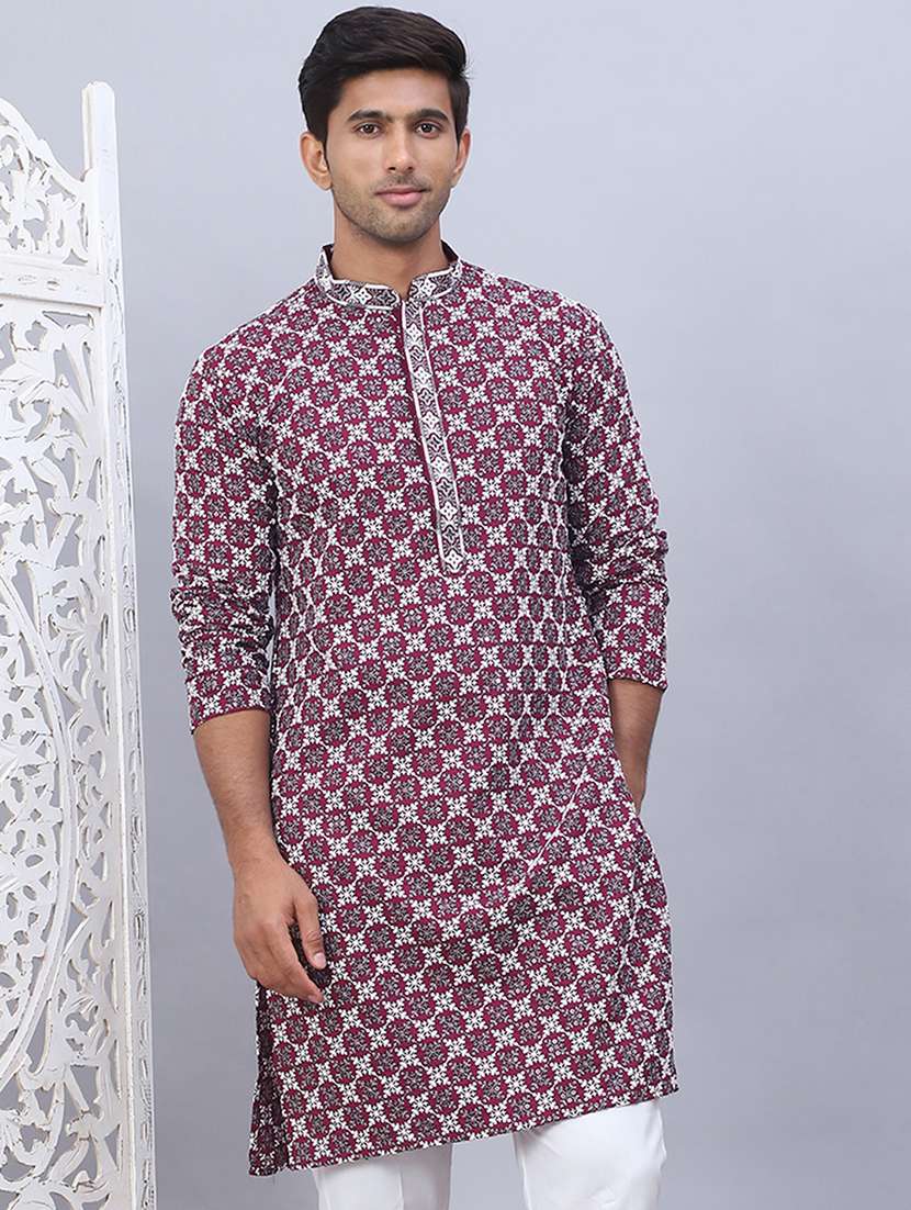 men mandarin neck printed long kurta