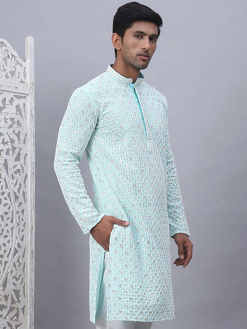 men mandarin neck embroidered long kurta