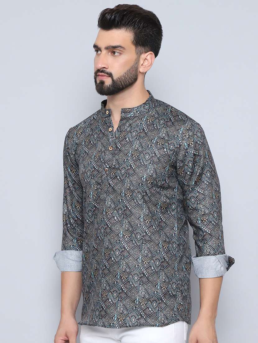 men mandarin neck printed short kurta - 21507235 - Standard Image - 2
