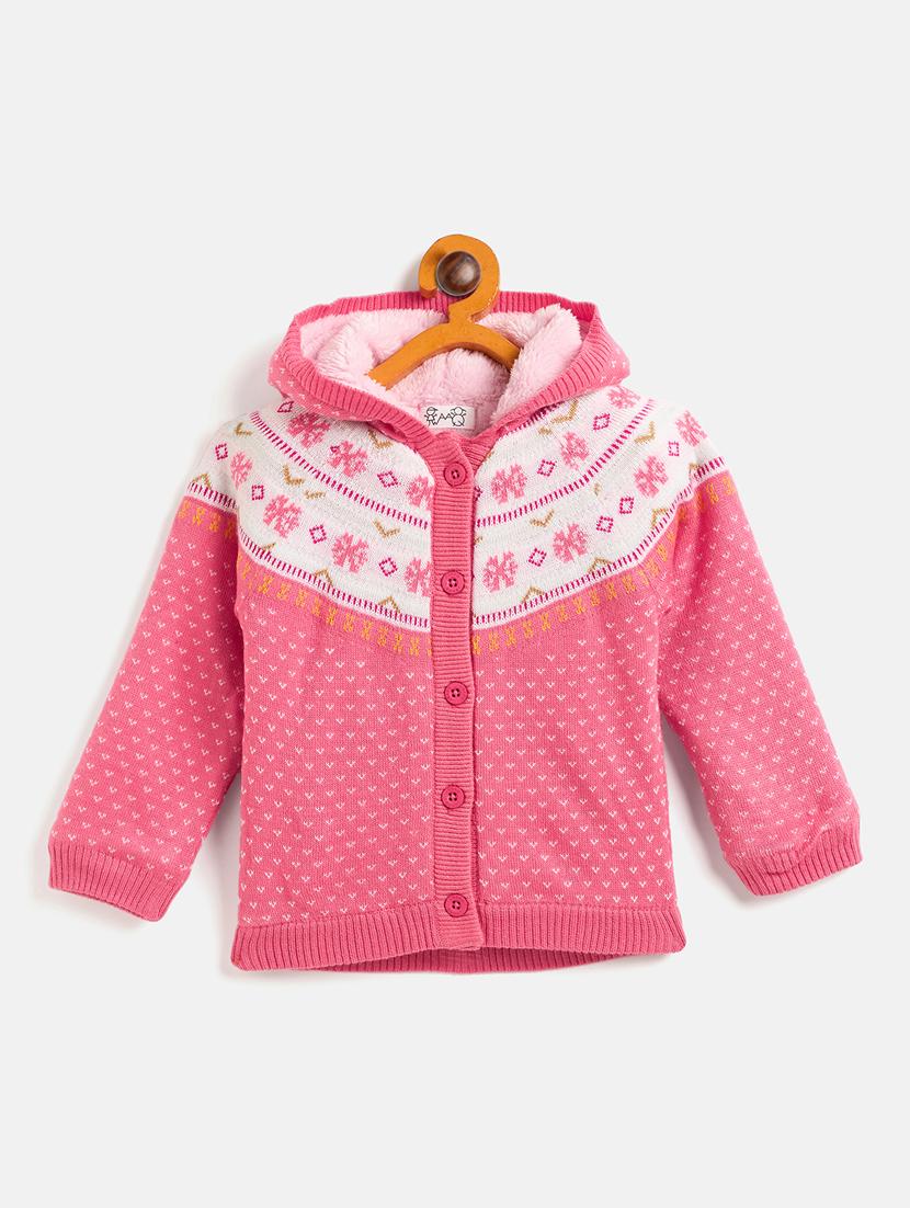 girls pink self design sweater