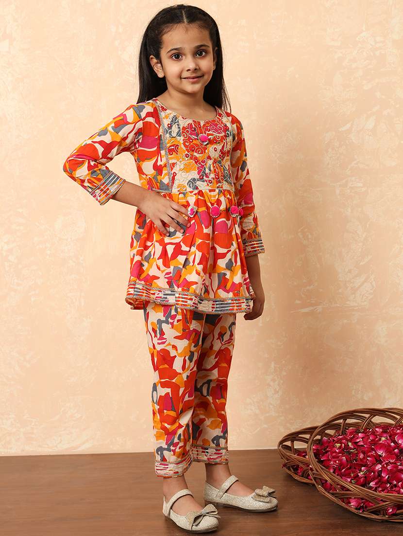 girls orange cotton kurta pant set  - 21507982 -  Standard Image - 2