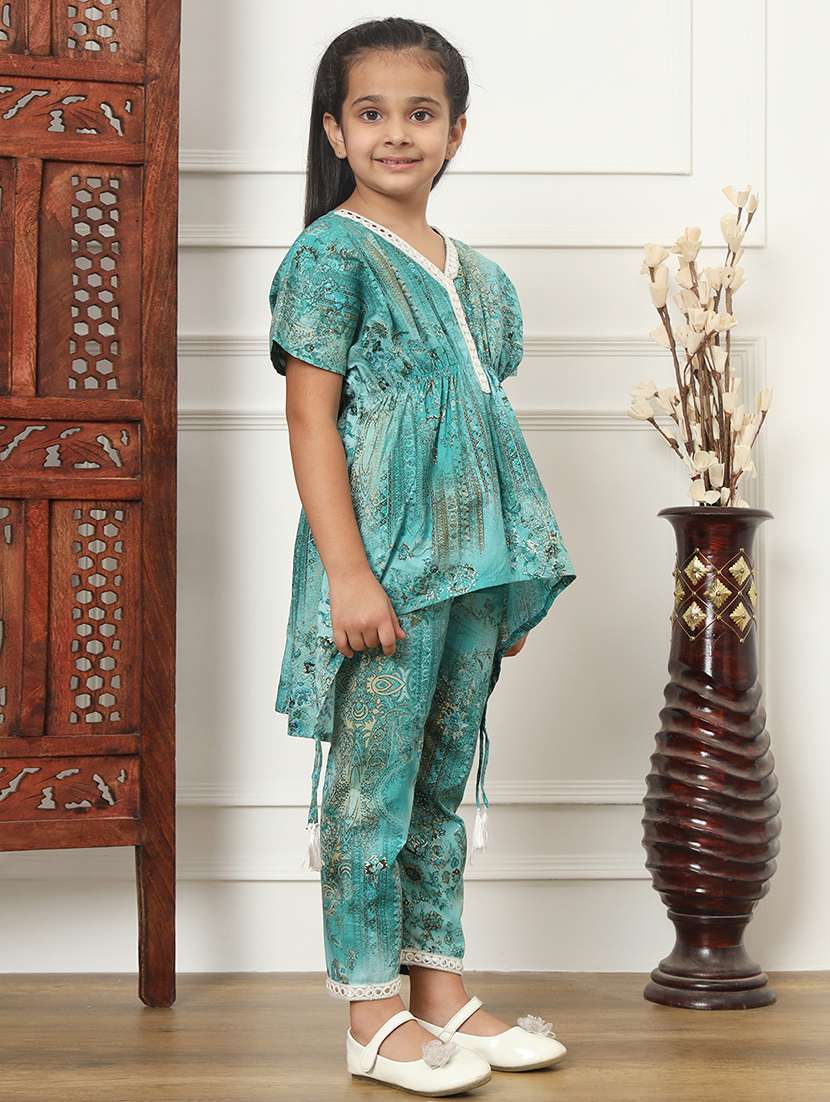 girls sea green cotton kurta pant set - 21507985 -  Standard Image - 2
