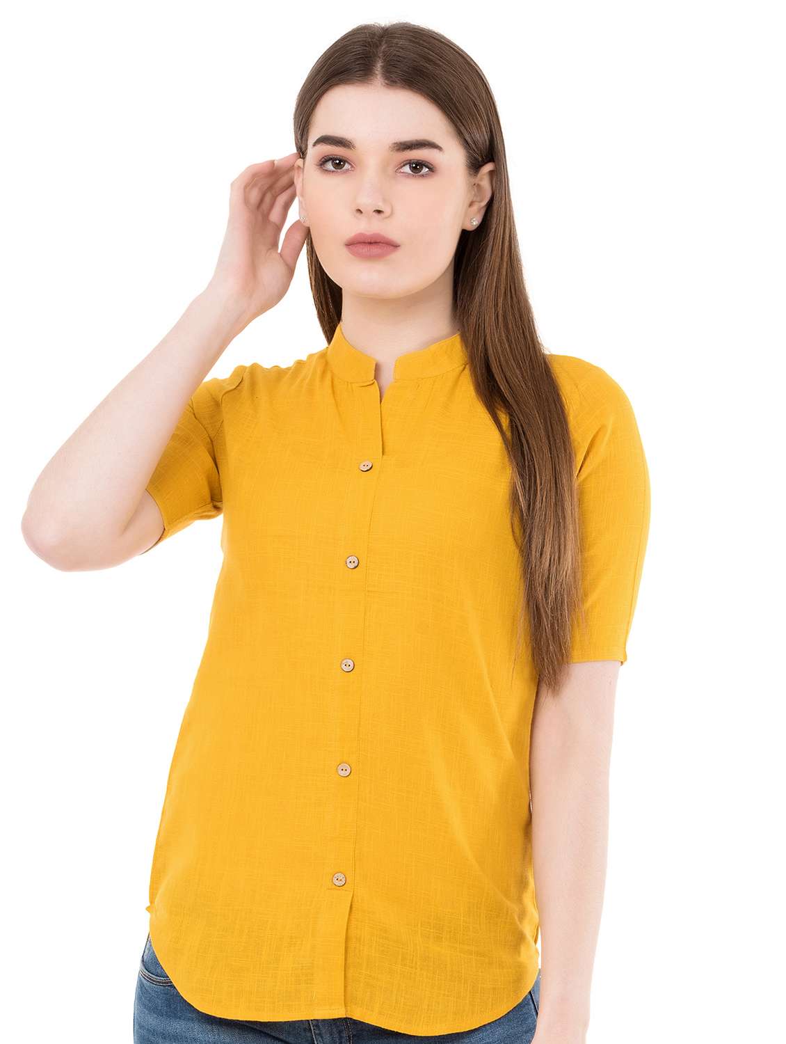 women yellow rayon shirt style top