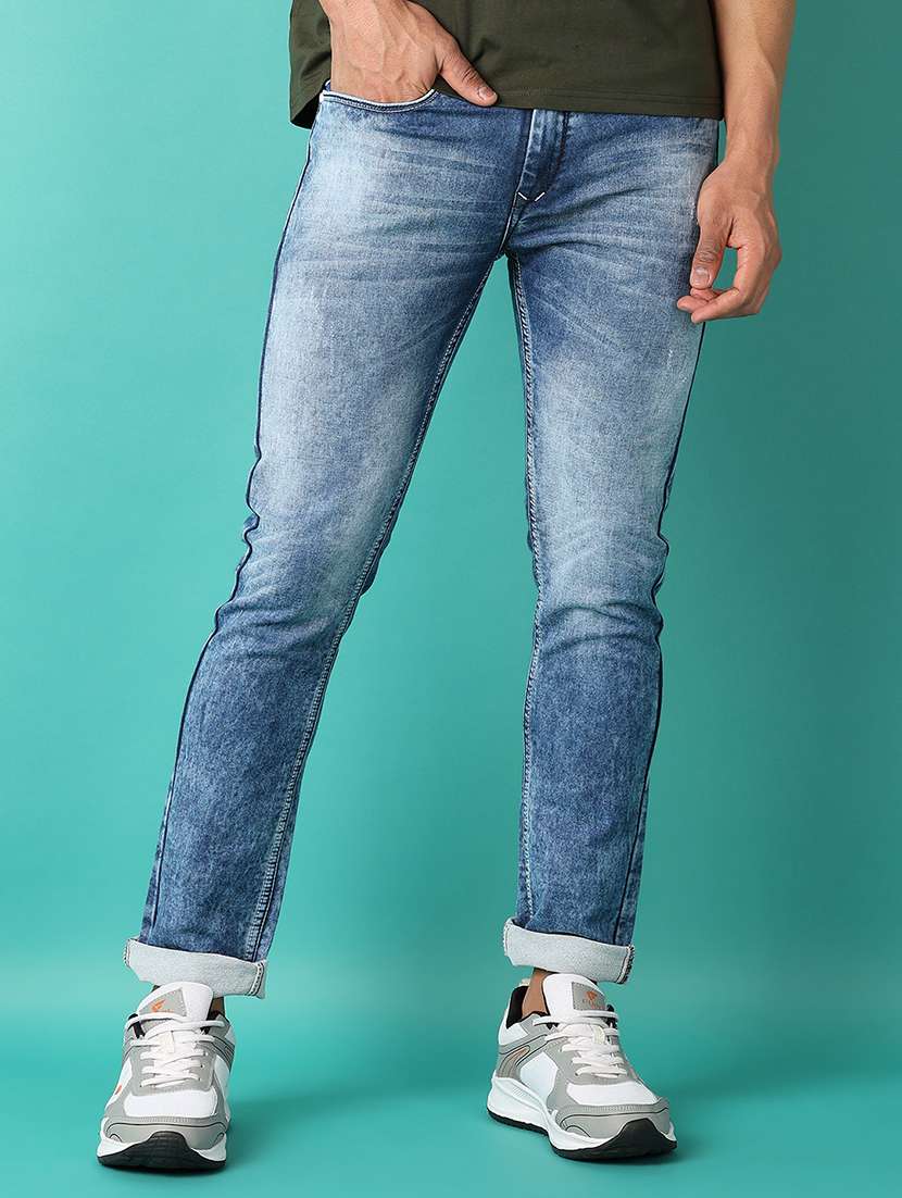 men washed mid rise full length jeans