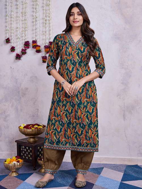 women teal printed v neck kurta salwar set