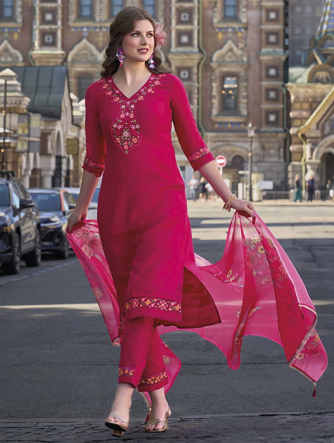 fuchsia embroidered suit set