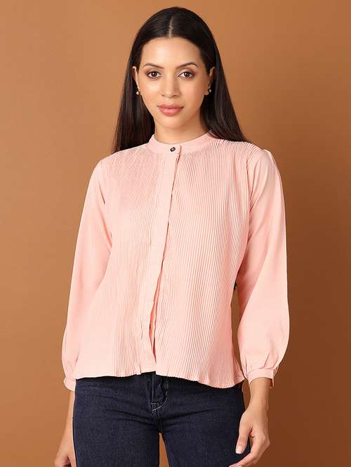 women peach solid mandarin neck top - 21508976 - Standard Image - 0
